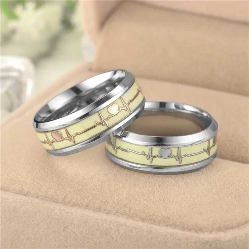 Luminous Stainless Steel Love Heart Couples Rings Glow In The Dark Fluorescent Anillos Wedding Band Finger Rings AccessoriesX240921