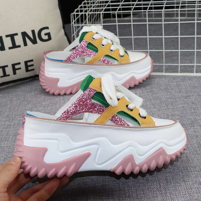 New Glitter Leather Women Chunky Sneakers Platform Wedge Breathable Slippers Comfortable Hollow Summer Shoes