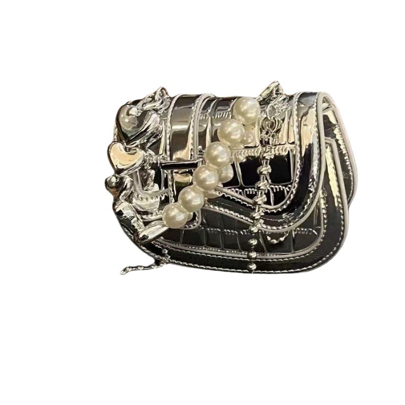 Chain Texture Pearl Mini Silver Diagonal Cross Handheld Shoulder Bag