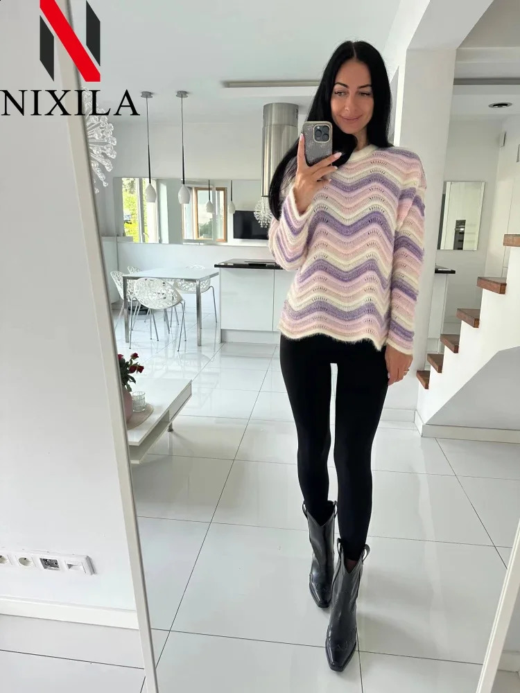 Spring Autumn Womens Pullover Sweet Rainbow Bar Sweater Women Elegant Loose Knit Long Sleeve Tops Korean Fashion Lady Clothes 240912