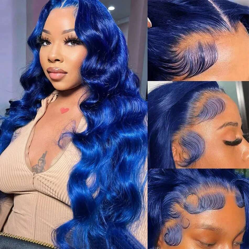 Royal Blue Colored Front 13x4 Body Wave Brazilian Transparent Lace Frontal For Women Human Hair Wigs Pre Plucked