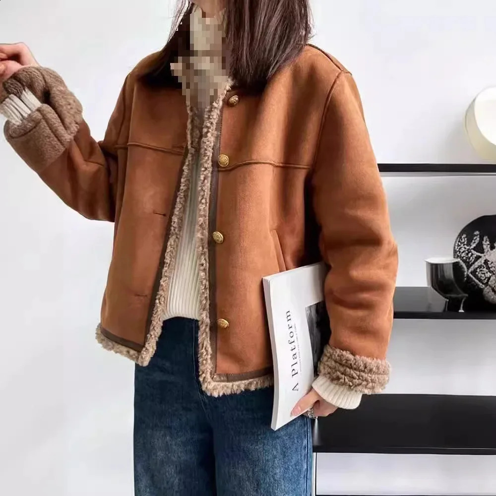 Winter Lamb Wool Fleece Jacket For Women Tweed Style Cropped Petite Leather Chamois Thick Sleeveless Warm Coat 240918