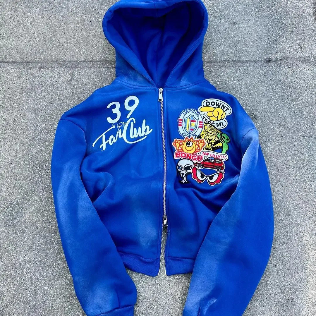 Y2K Gothic Zipper Hoodie Retro Multi Color Pattern Hoodie Mens Street Retro Harajuku Hip Hop Loose Sweatshirt 240921