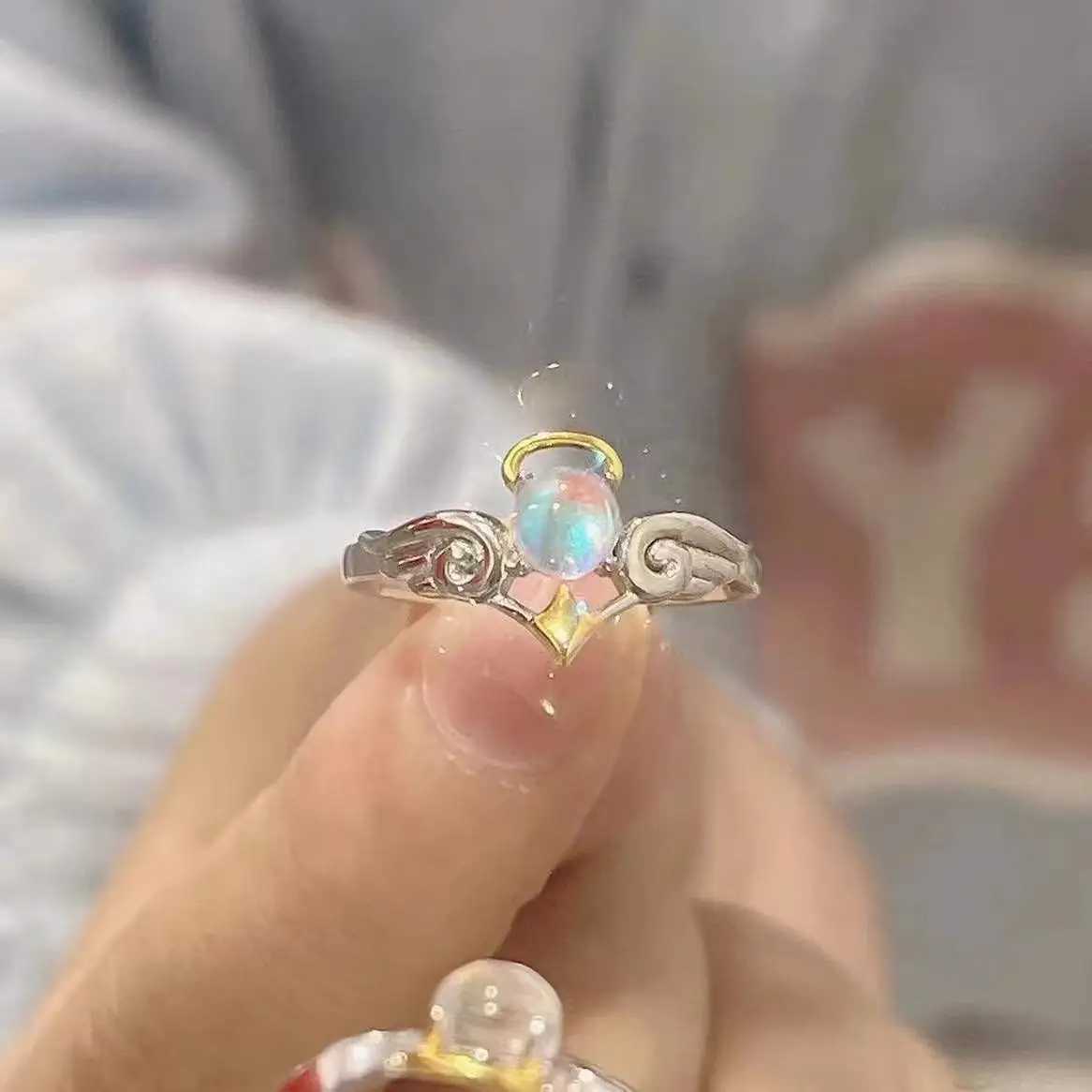 2023 Trendy Angel Devil Moonstone Couple Rings for Women Men Silver Color Opening Adjustable Lovers Ring Wedding Jewelry GiftsX240921