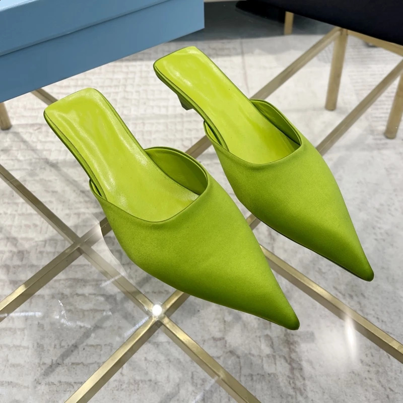 Pointed Toe Slip On Mules Elegant Womens Shoes Brown Satin Low Boots Slippers Womens Summer er Pump Zapatos De Mujer 240919