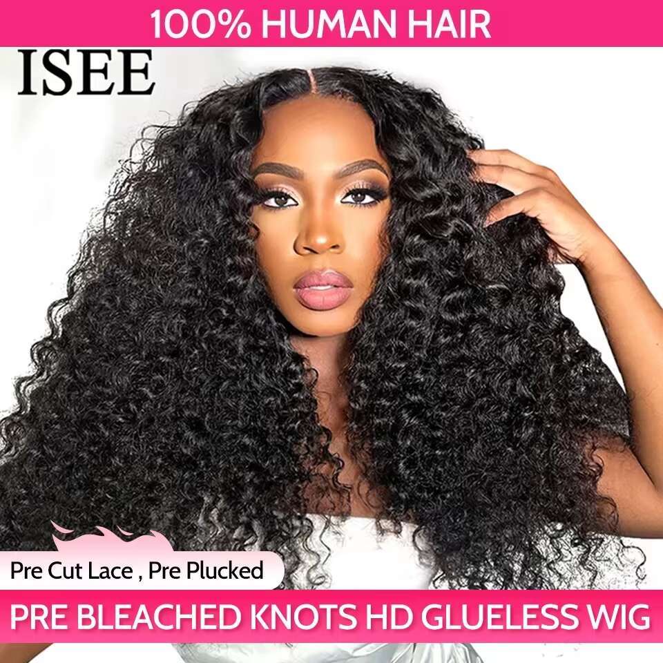 Wear ISEE HAIR PreBleached Knots Kinky Curly HD Glueless Human Wigs Ready To Go Pre Cut Lace PrePlucked Haire Wig