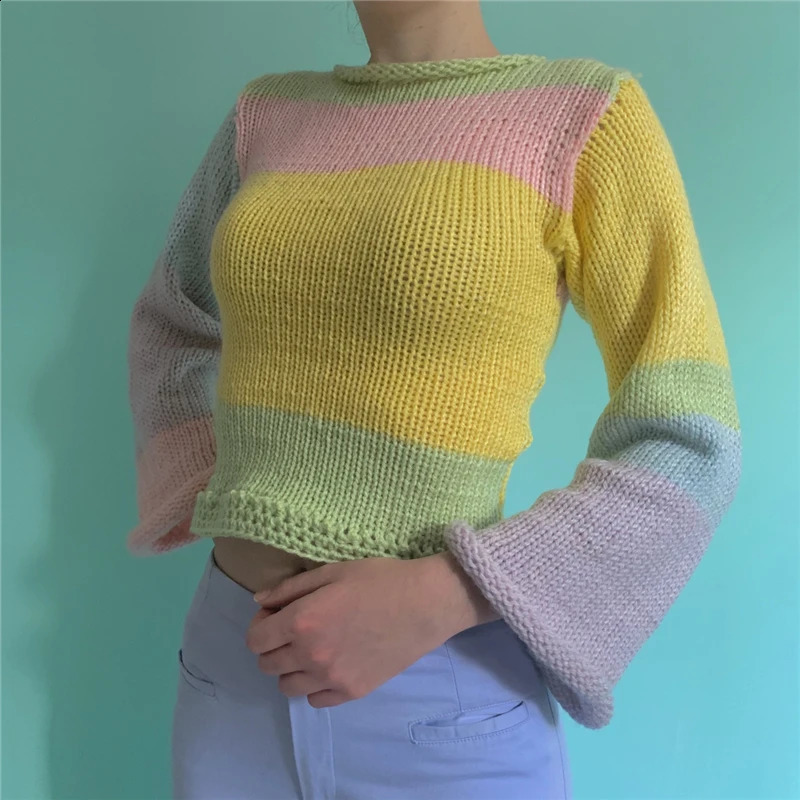 Doury Rainbow Curled Sweater Women Fashion Flared Long Sleeve Loose Knitted Pullovers Fairy Harajuku Vintage Clothes Autumn 240912