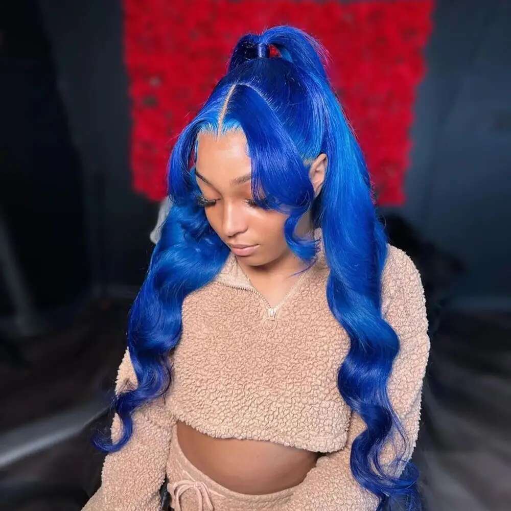 Royal Blue Colored Front 13x4 Body Wave Brazilian Transparent Lace Frontal For Women Human Hair Wigs Pre Plucked