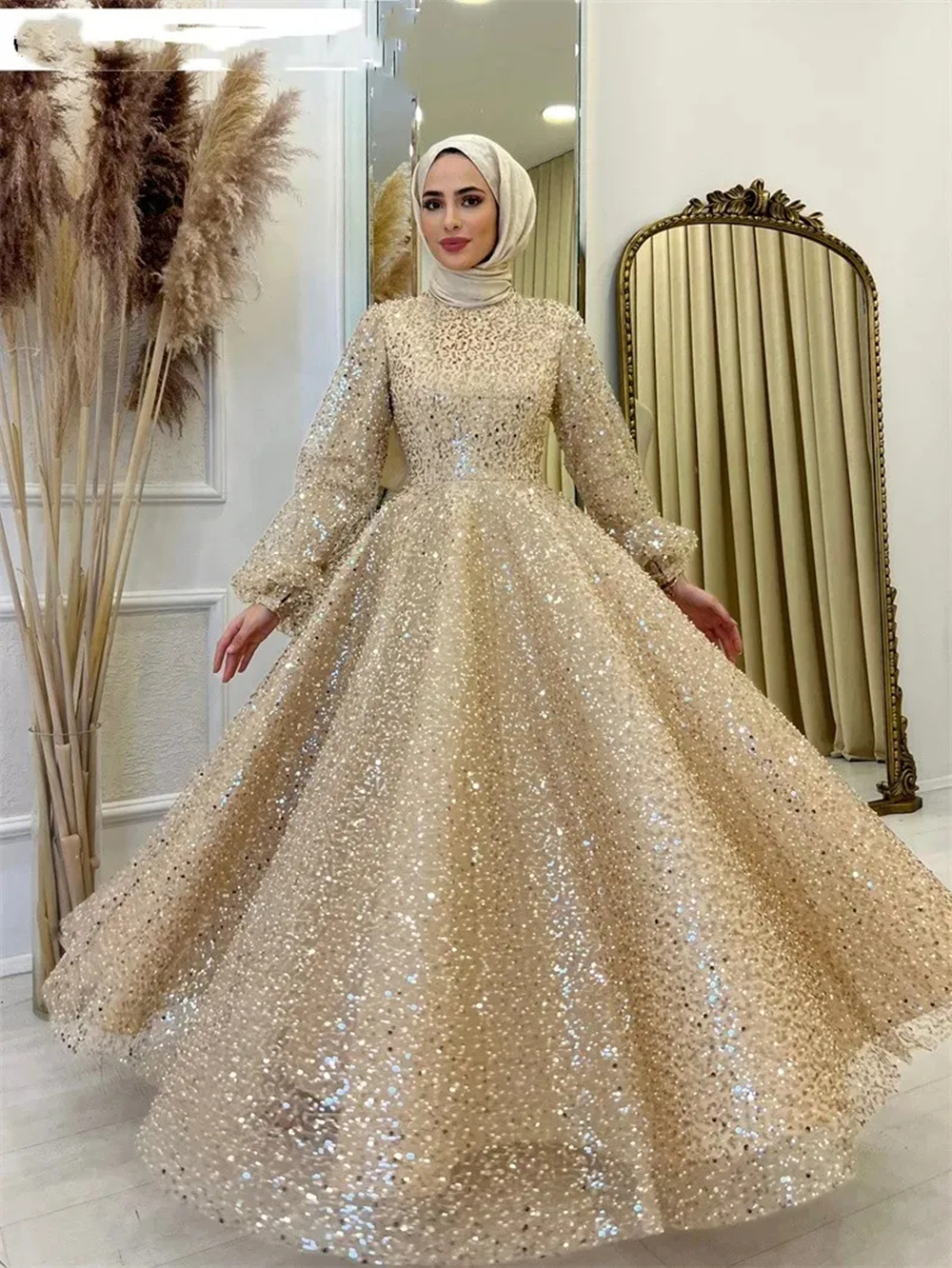 Sparkly Champagne Sequins Muslim Prom Dresses High Neck Long Sleeves Pleats Floor Length A Line Formal Dress For Women 2024 Fall Winter Evening Gowns