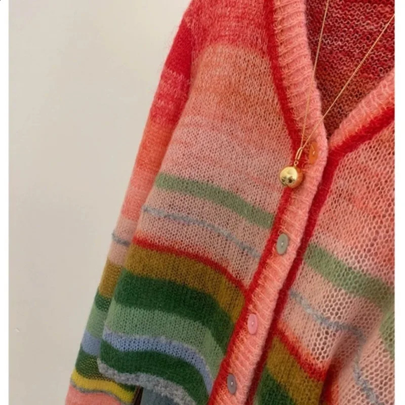 Women Trendy Rainbow Striped Patchwork Sweet Button Knitted Cardigan Y2K Female V Neck Long Sleeve Loose Chic Outerwears Sweater 240912