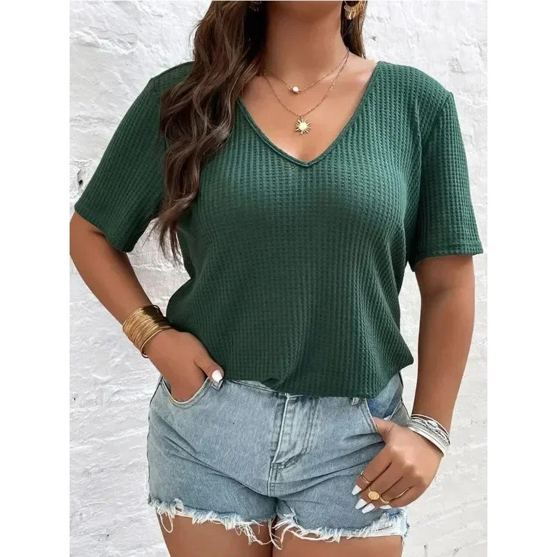 Plus size women's 1XL-5XL T-shirt, fashionable solid color short sleeved top, women's casual V-neck knit, free shipping