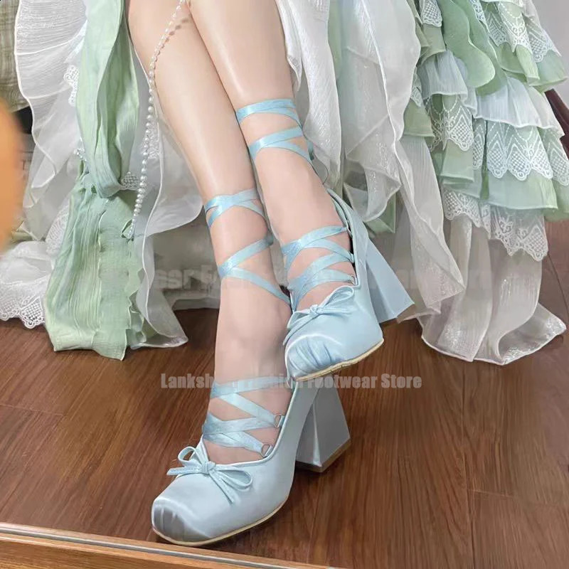 Pink satin ballet single shoes for girls sweet cross with high heels thick high heels for women French style womens shoes Mary Jane shoes 240919