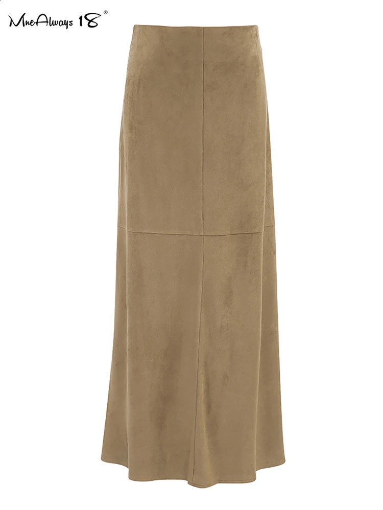 Mnealways18 Suede Vintage Khaki Skirts Women Warm Autumn Winter 2024 High Waist Straight Long Skirts Office Ladies Woolen Midi 240919