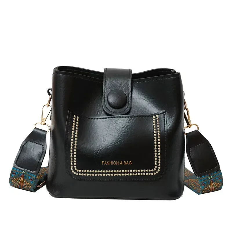 Vintage Simple PU Leather Bucket Crossbody Bags TLXT for Women Luxury Designer Handbag Lady Black Shoulder Bag