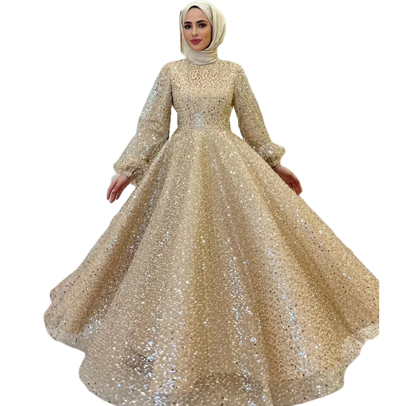 Sparkly Champagne Sequins Muslim Prom Dresses High Neck Long Sleeves Pleats Floor Length A Line Formal Dress For Women 2024 Fall Winter Evening Gowns