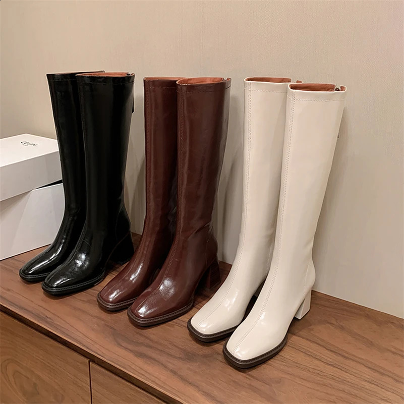 Meotina womens genuine leather knee high boots square toe block high boots zipper long boots womens fashion shoes winter beige 40240921
