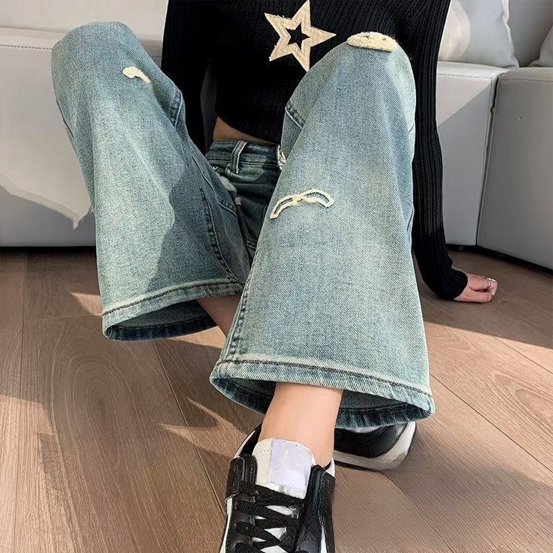 womens jeans designer pants women fashion embroidered letters graphic long Jeans high waist loose wide leg Pants denim trousers Free