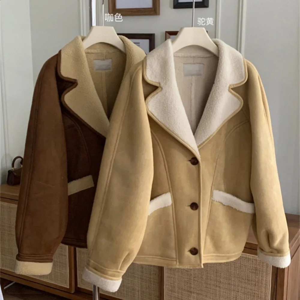 Winter Vintage leather and lamb fur Sheepskin Suede Jacket for Women Single Breasted Plush Coats Full Sleeve Outerwears 240919
