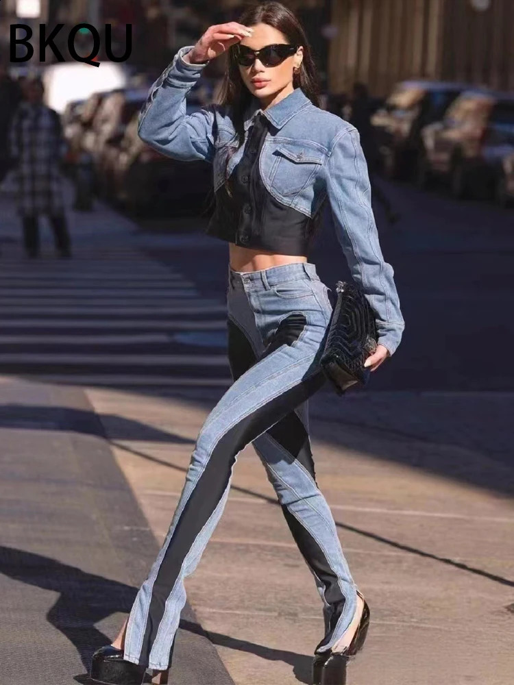 BKQU jeans womens pencil pants fashion high waist contract color splicing work long elastic tight 240921