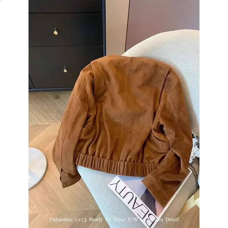 GkyocQ Korean Fashion Women Coat O Neck Long Sleeve Single Breasted Chamois Leather Short Jacket All Match Female Coats Tops 240918