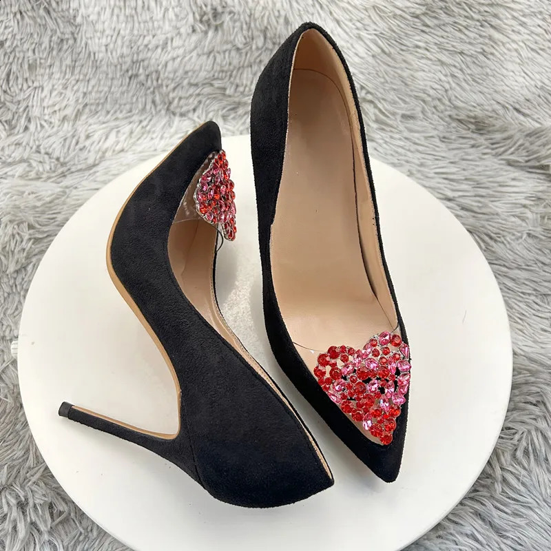 12cm womens high heels black velvet high heels party shoes nightclub shiny diamond square buckle black satin single shoes 240919