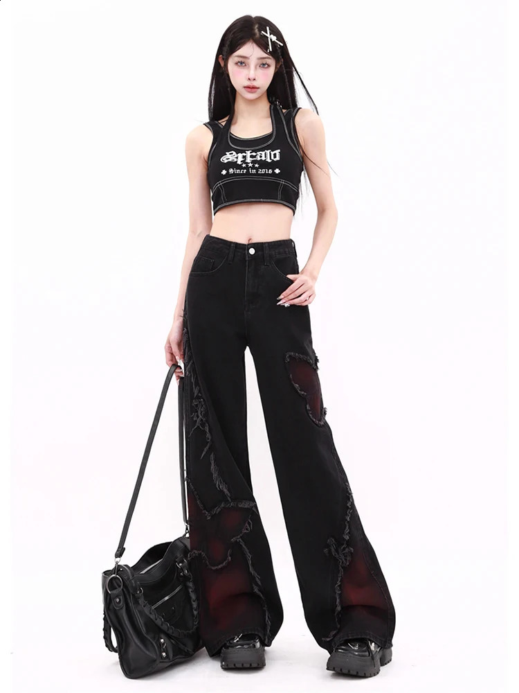 WCFCX STUDIO Womens Black Pocket Jeans Harajuku Y2k Aesthetic Butterfly Denim Korean Retro Wide Leg 240921