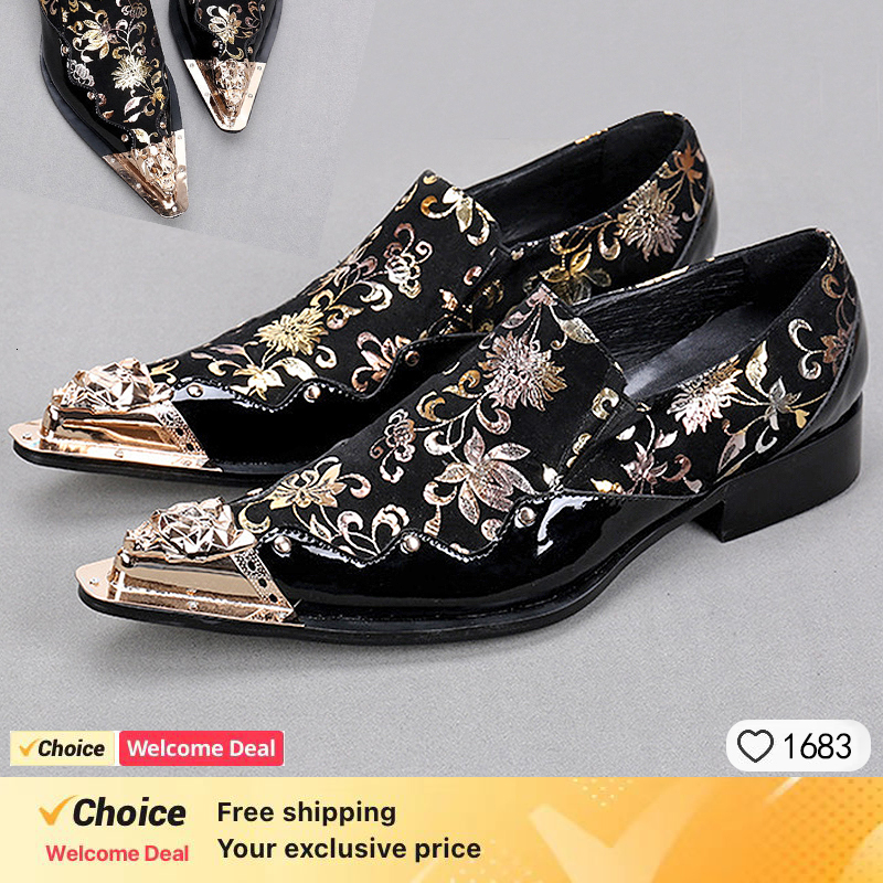 Fashion Gentleman Dressing Metal Pointed Toe Patchwork Crystal Designer Wedding Party Brand Customized Shoes Men Plus Size