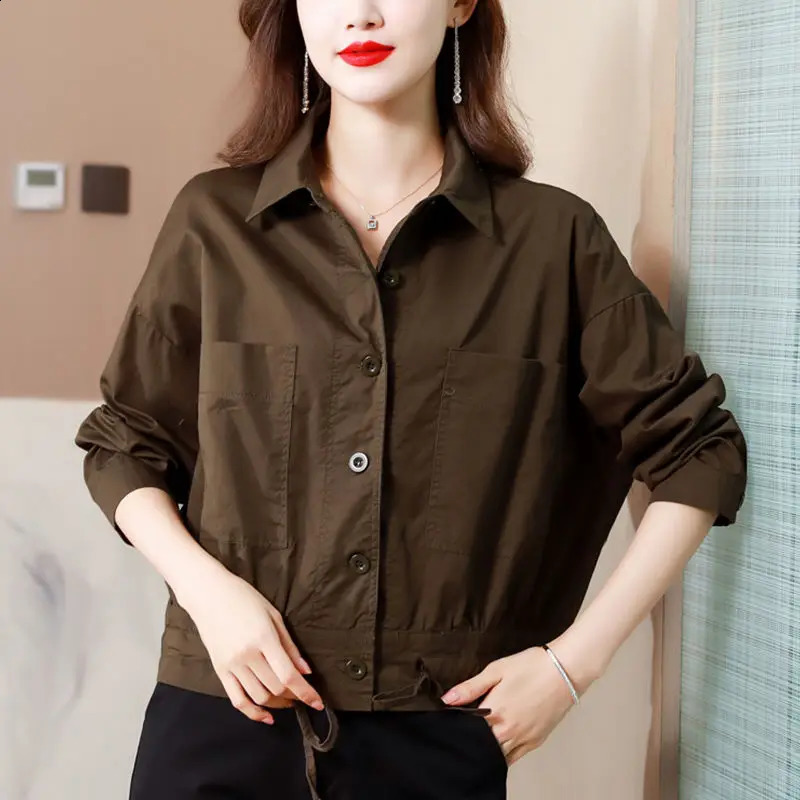 Casual Thin Jacket for Women Spring Autumn Korean Loose Long Sleeve Solid Drawstring Short Coats Top Vintage Fashion Clothes 240918