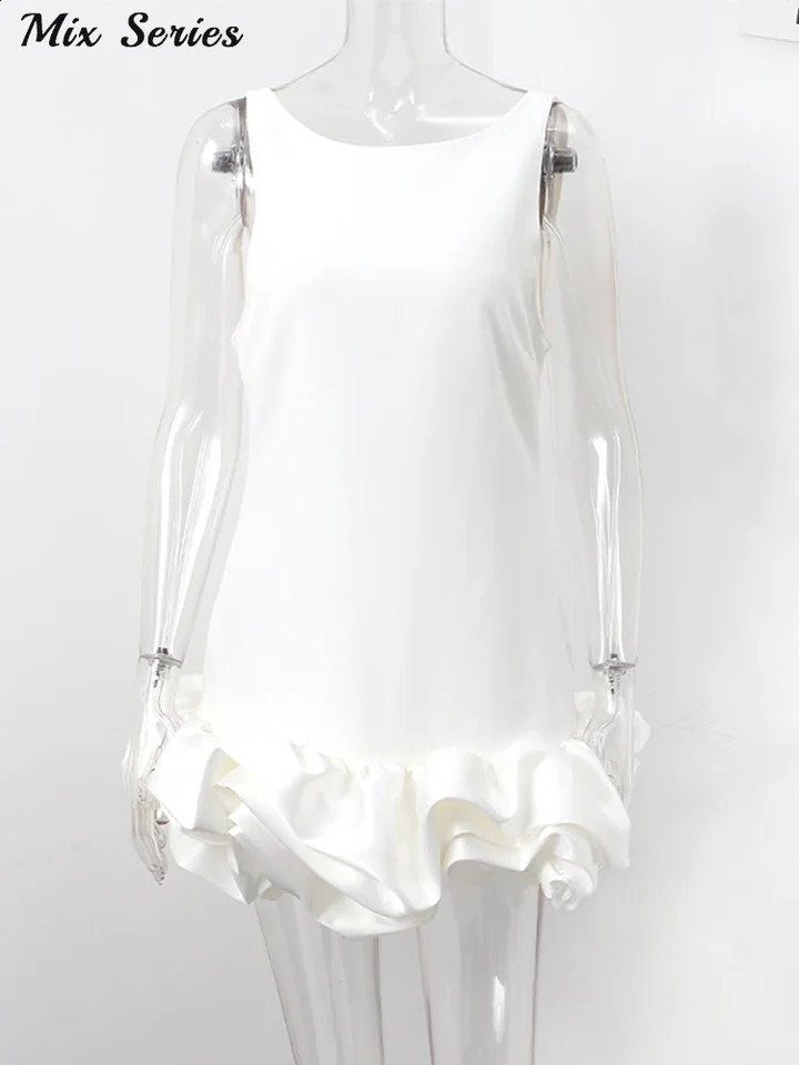 Sexy patch work pleated mini dress for women ultra-thin O-neck backless party dress autumn womens solid vest 240921