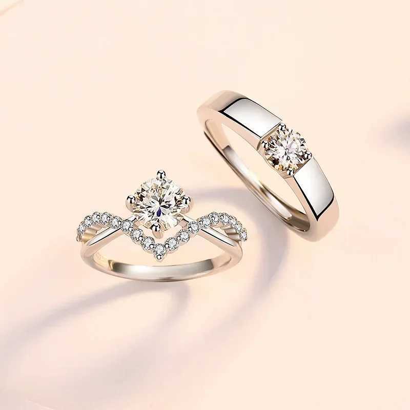 Korean Luxury Zircon Couple Ring for Women Men Silver Plated To Crown Love Adjustable Open Ring Wedding Anniversary JewelryX240921