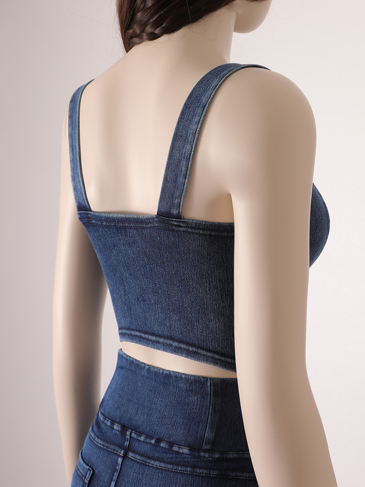Women's Clothing Sexy Tops For Women Crop Fashion Button Front Shirred Detail Denim Top