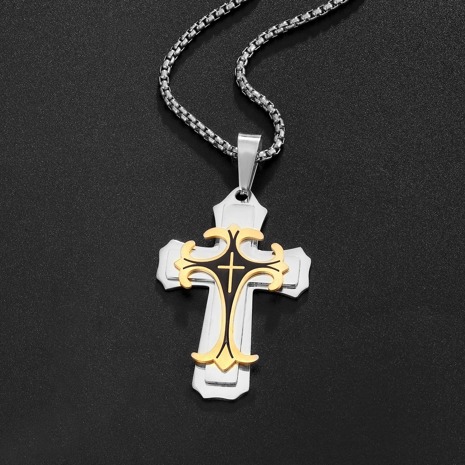 Hot sale new trendy male titanium steel flat joint necklace stainless steel drip oil cross pendant Free shipping