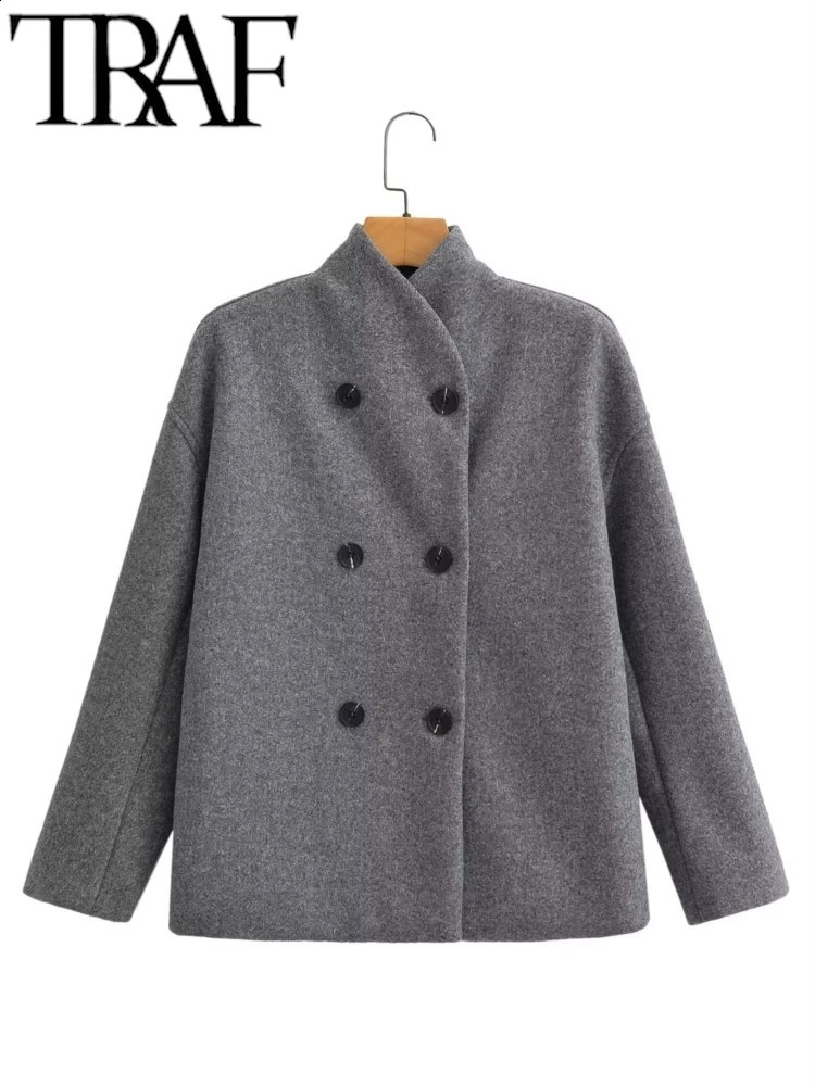 TRAF GAL 2024 Winter Women Woolen Coat Stand Collar Double Breasted Loose Jacket Female Office Long Sleeve Overcoat Grey y2k 240913
