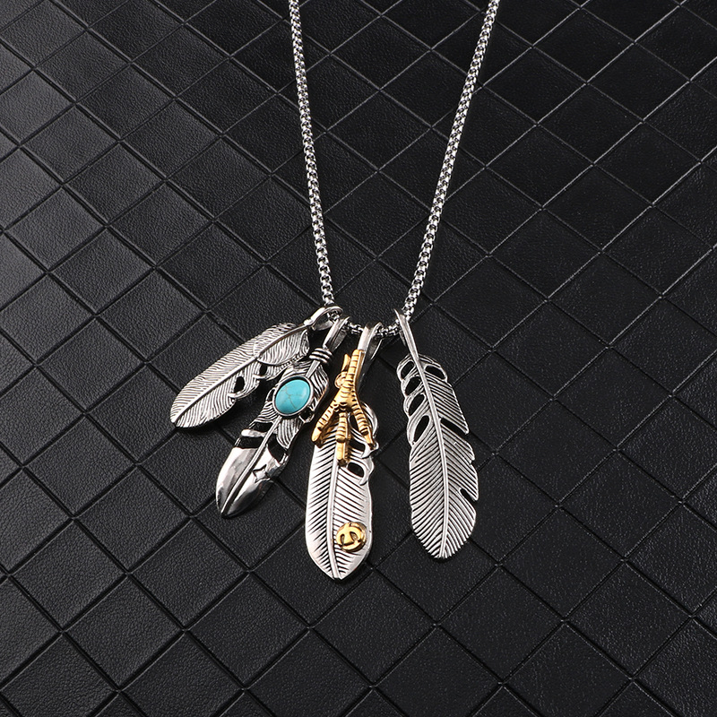 Feather pendant Takahashi with necklace European and American personality four-piece suit hip hop simple long sweater chain accessories men Free shipp