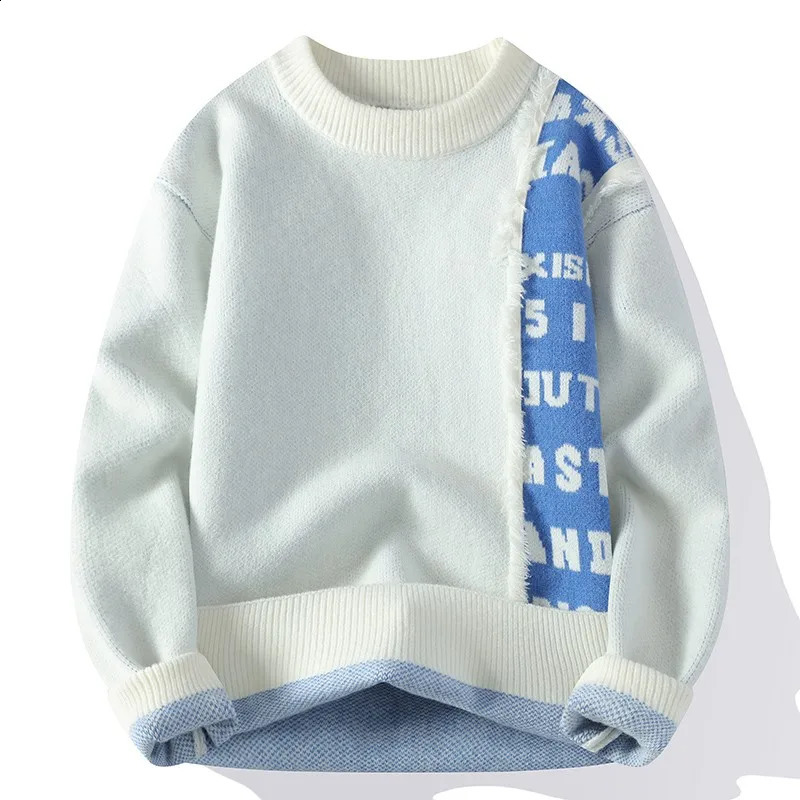 2024 Patchwork Knitted Sweater Trend High Street Autumn Winter Warm Mens Tops Hiphop Clothing Fishing Sports Pullover 240915