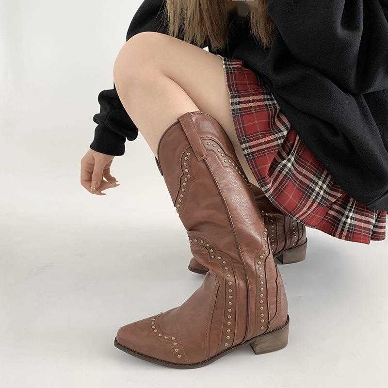 CMM Classic and Versatile Thick Heeled Long Boots for Women New Summer Pointed Toe Slimming and Height Increasing v Neck Knight Boots