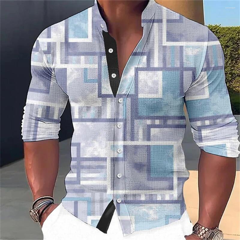 Men's Casual Shirts Stand Up Neck Shirt Square Pattern Printed Button Long Sleeved Street Outdoor Top Plus Size