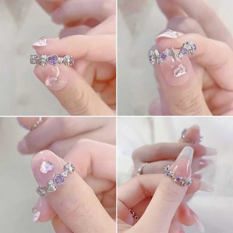 Fashion Shiny Purple Rhinestone Opening Couple Rings for Women Men Vintage Crystal Star Adjustable Ring Lover Y2K JewelryX240921