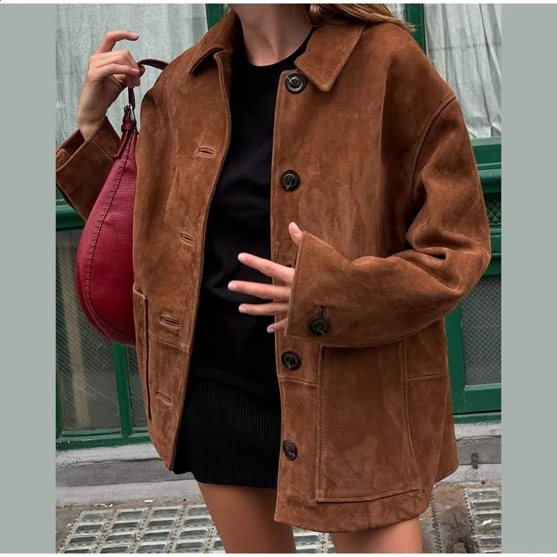 Retro Brown Suede Leather Blazer Lapel Casual Single Breasted Loose Pocket Women Jacket 2024autumn Fashion Commute Street Coats 240921