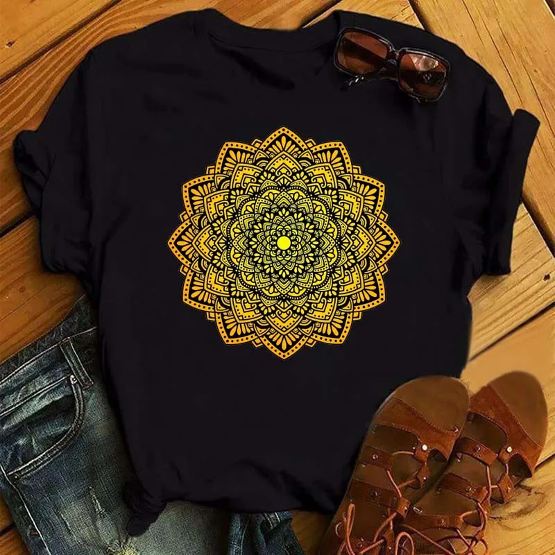 2024 New Plus Size New Mandala Printed T-shirt for Women's Casual Fashion T-shirt Loose Short Sleeve 90s Girls' Aesthetic Top Shipping