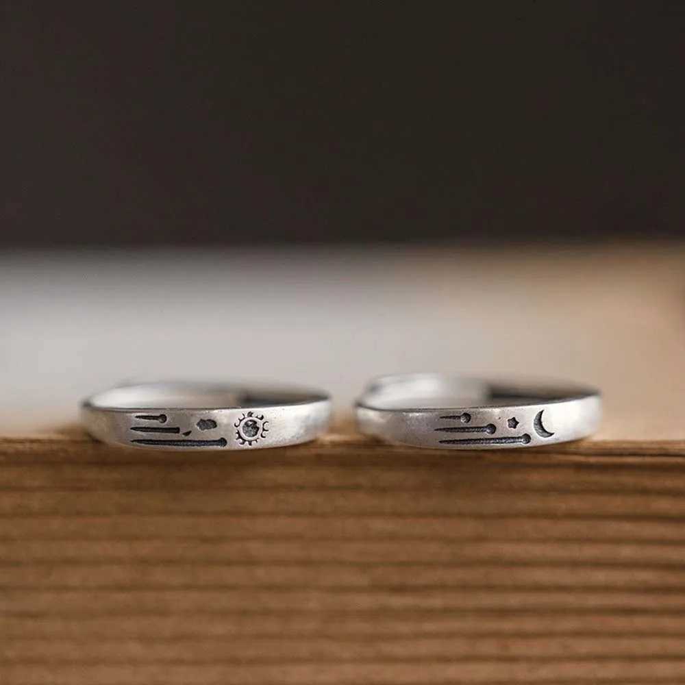 Retro Sun Moon Couple Ring Minimalist Silver Color Opening Rings For Men Women Korean Style Personality Finger RingsX240921