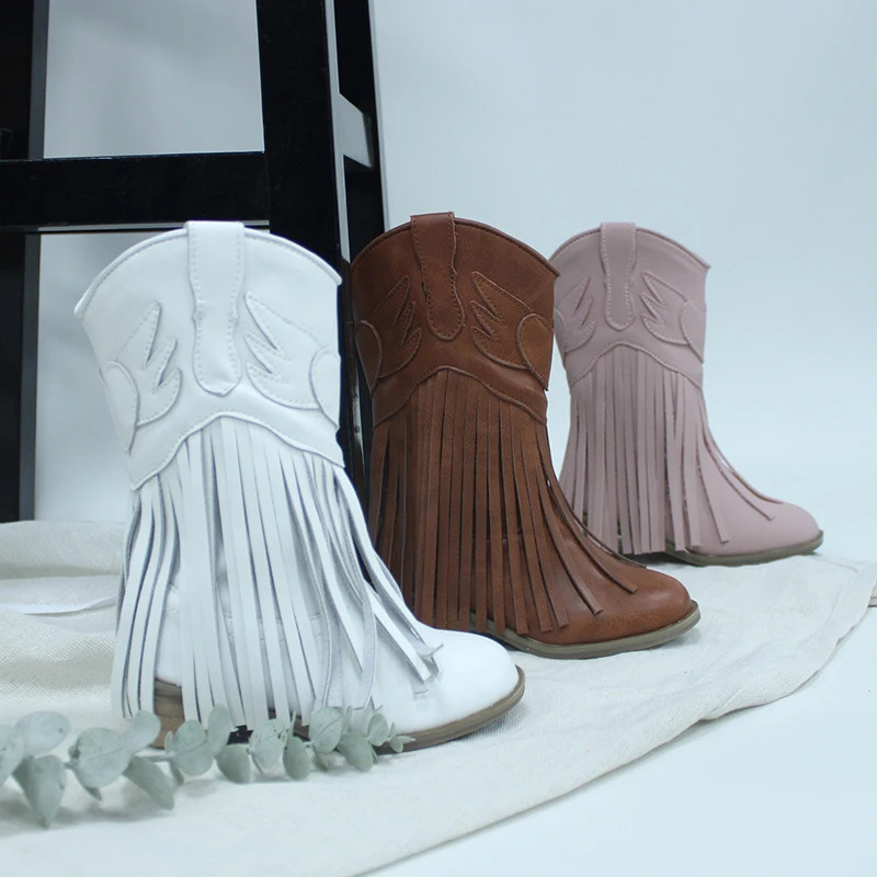 Selling Fashion And Cool Versatile High Heel Tassel Children Girl Boys Baby Kids Cowboy Boot 240919