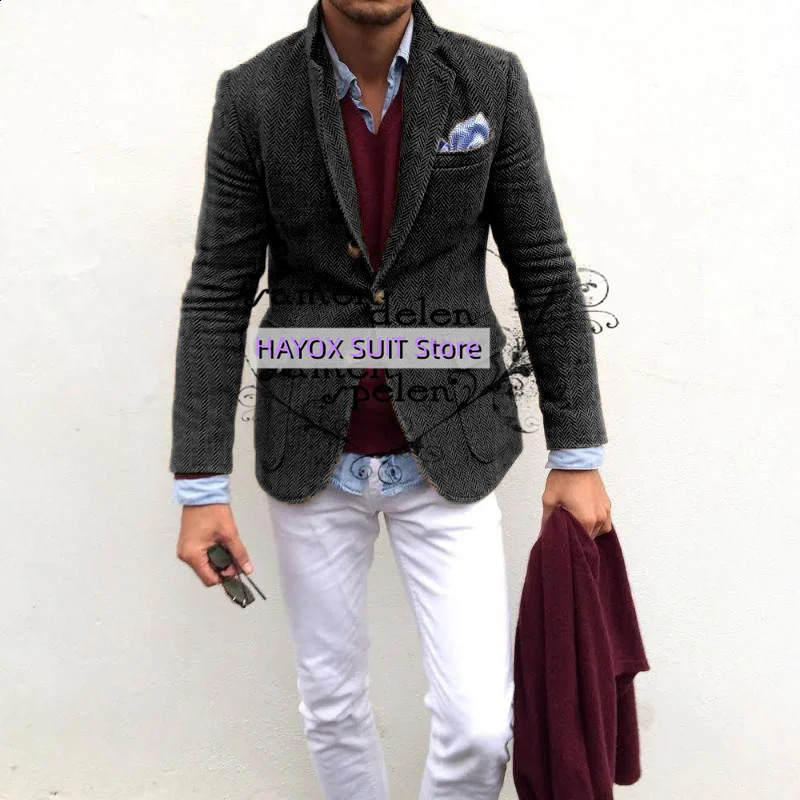 Elegant Fashion Mens Tweed Blazers Set Slim Fit Single Breasted Multiple Pockets Costume Homme Tuxedo 240911