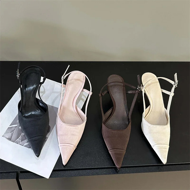 Eilyken high-quality satin buckle strap womens pump sandals fashionable shallow toe heel strap mule shoes 240919