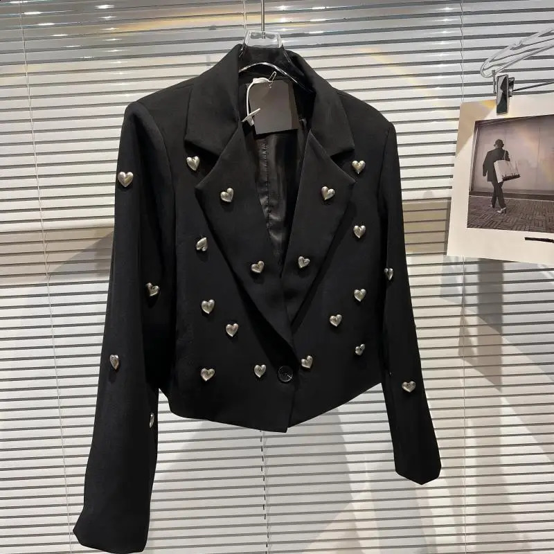 Heart shaped bead decoration black short jacket womens jacket spring slim fit notch collar long sleeved single button womens suit jacket 240918