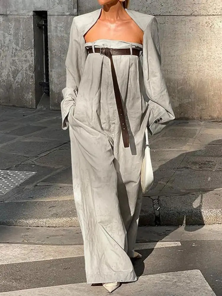 Yeezzi 2024 Female Fashion Long Sleeves Collarless Outerwear Tops Strapless Wide Leg Tube Belted Jumpsuits Two Pieces Sets 240921
