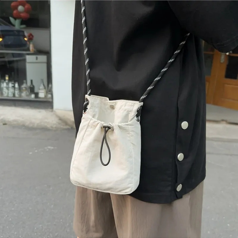 Fashion Mini Nylon Shoulder Bag For Men Women Korean Crossbody Bucket Casual Handbag Drawstring Buckle Purse Phone Pouch 240919