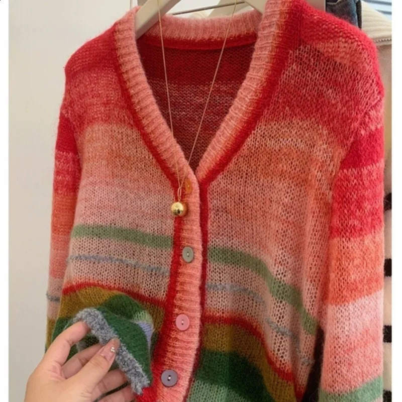 Women Trendy Rainbow Striped Patchwork Sweet Button Knitted Cardigan Y2K Female V Neck Long Sleeve Loose Chic Outerwears Sweater 240912