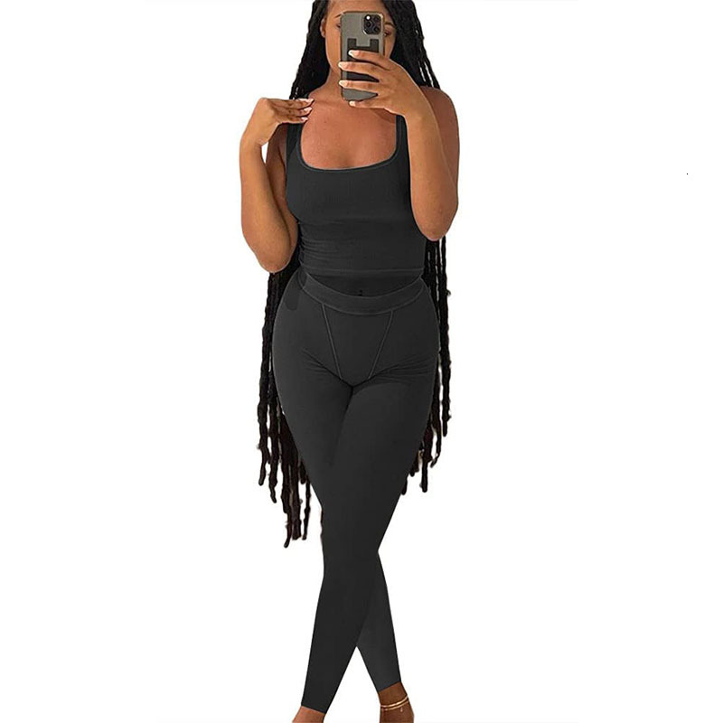 Casual Workout Sets 2 Piece Outfits For Women Ribbed Crop Tank Top High Waist Yoga Leggings Lounge Wear Tracuit