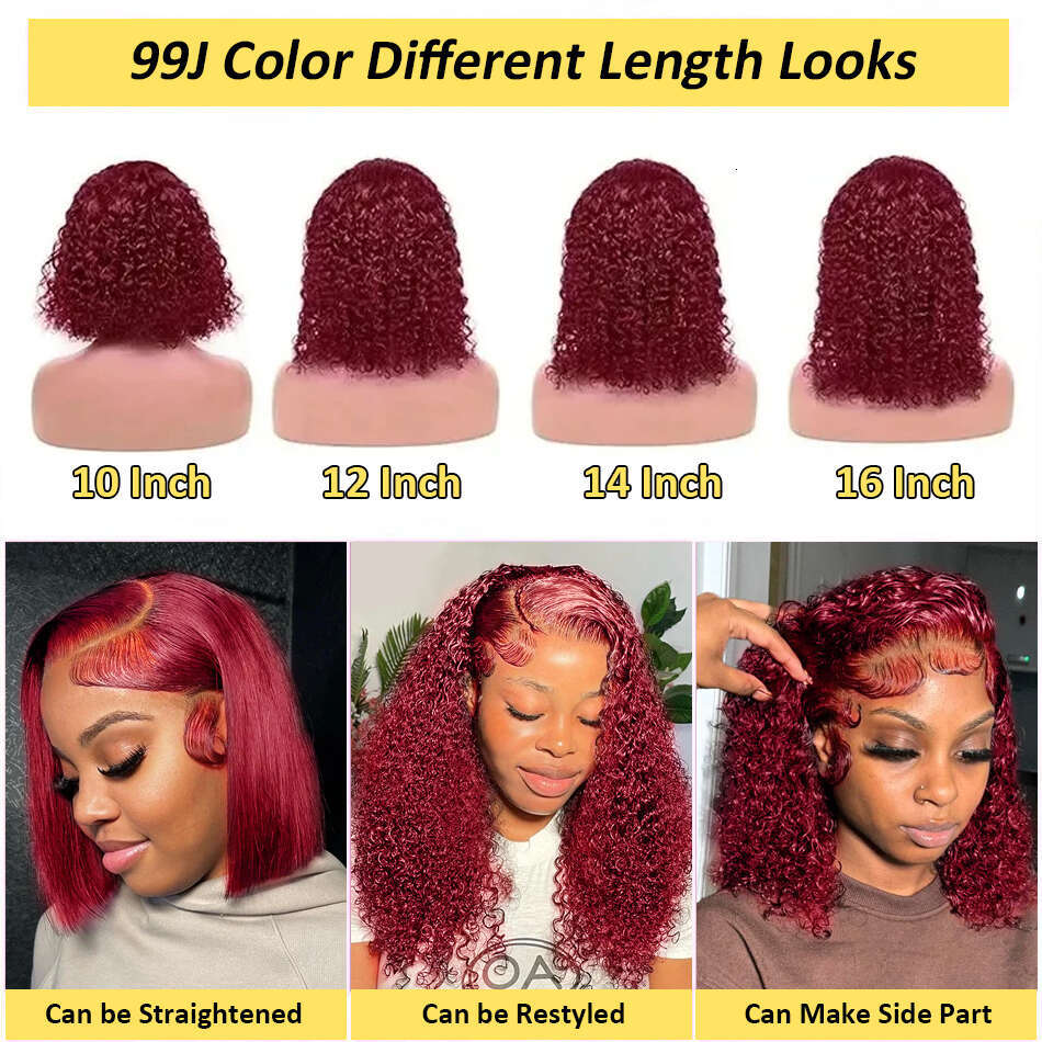 99J Bury Short Bob 13x4 Front Human Hair Red Colored Deep Wave 13x6 Lace Frontal Wig